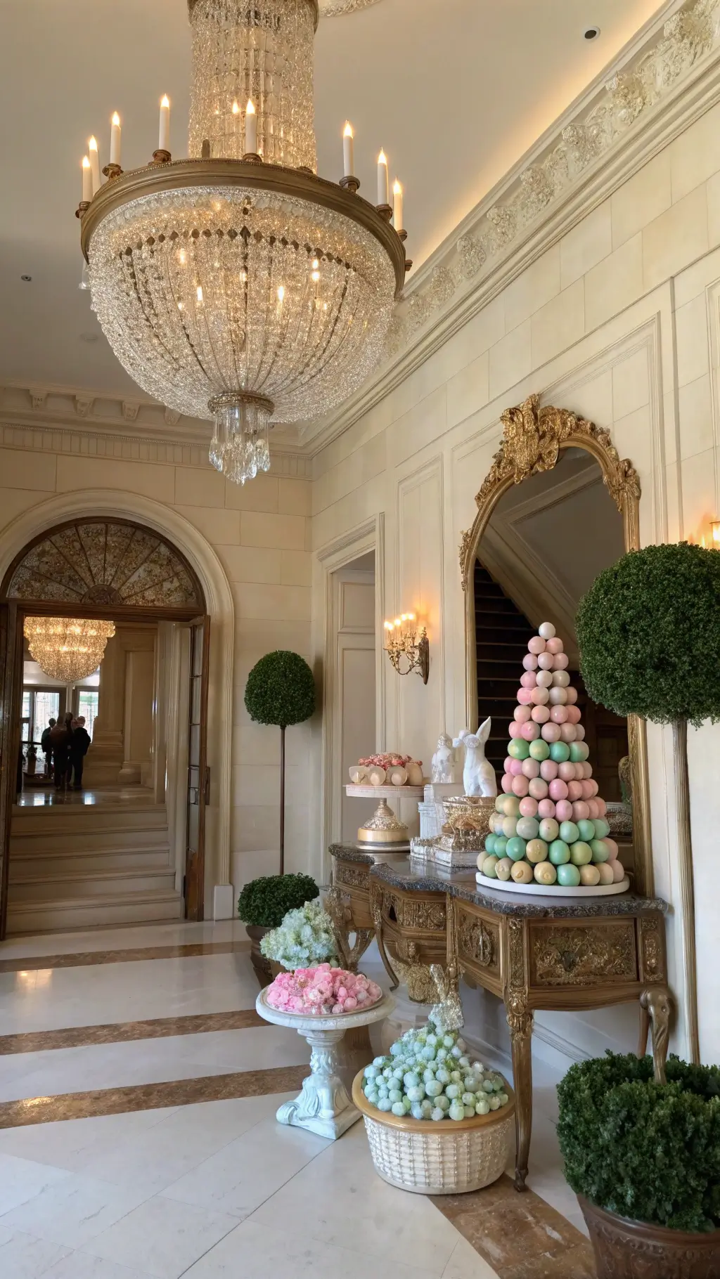 Elegant foyer with soaring ceilings, crystal chandelier, antique console adorned with pastel Easter eggs, golden mirrors, knit basket topiaries, and pink roses paired with ceramic bunnies.