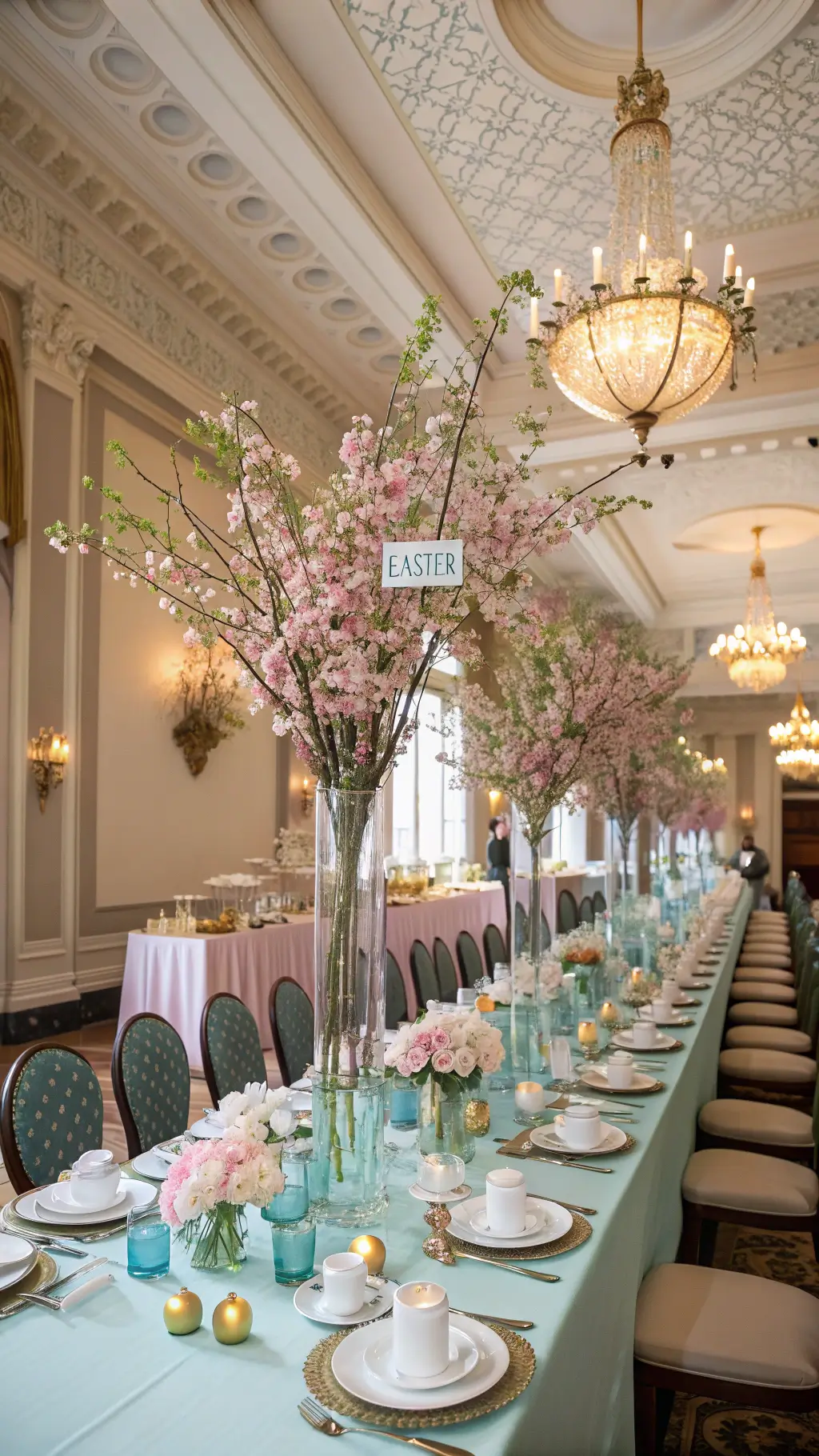 Sophisticated dining room with coffered ceiling, cherry blossom centerpiece, gold chargers paired with cream pottery, blue linens, and calligraphy-adorned egg place cards beneath a sparkling crystal chandelier.