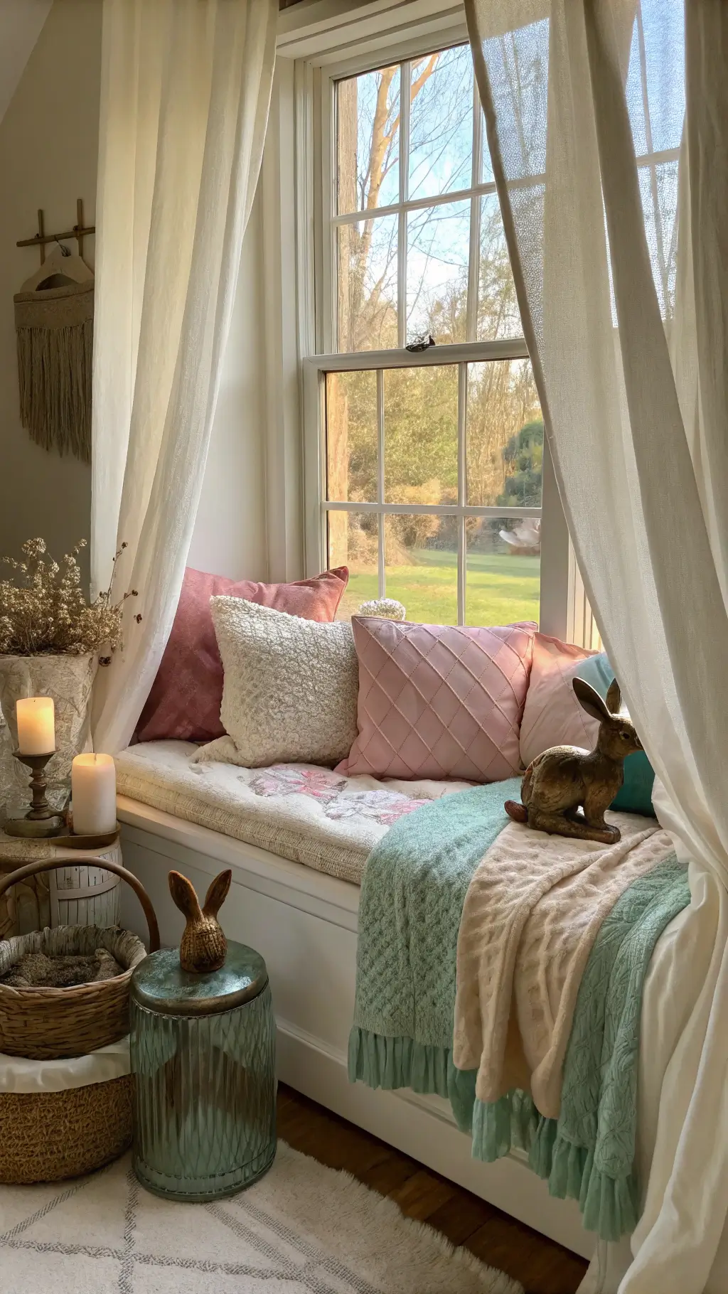 Inviting window seat framed by cream linen curtains, decorated with vintage quilts, velvet pillows in blush and mint, chunky knit throws, carved wooden bunnies, and mercury glass vases with forced bulbs, bathed in warm golden hour light.