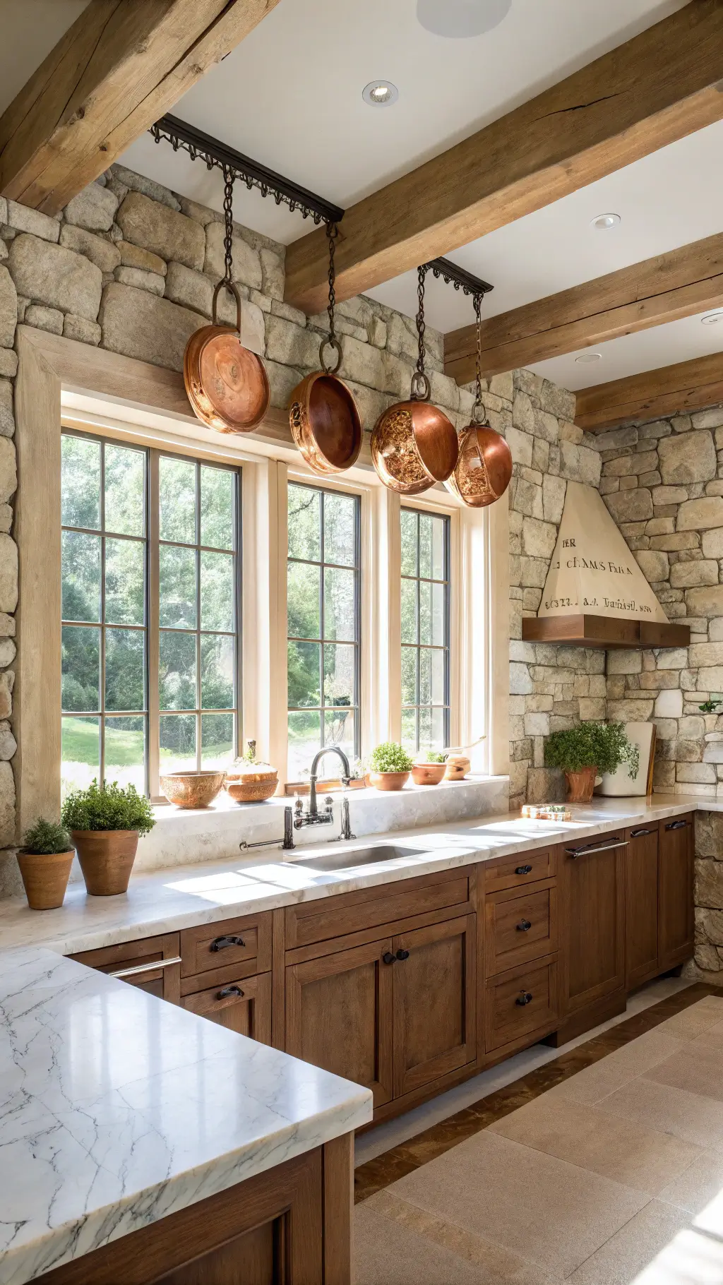 Bright kitchen with exposed wooden beams, stone backsplash in soft gray tones, walnut cabinetry, and marble countertops accented by hanging copper cookware.