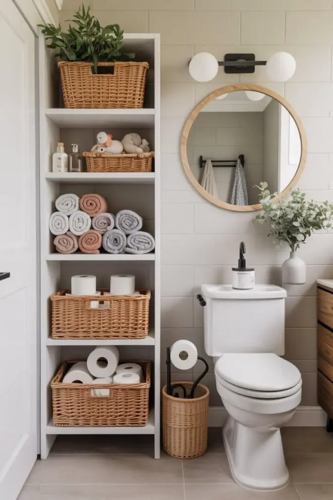 Year-Round Space-Saving Ideas for Small Bathrooms in Family Homes 4 Embrace Baskets for Effortless Organization