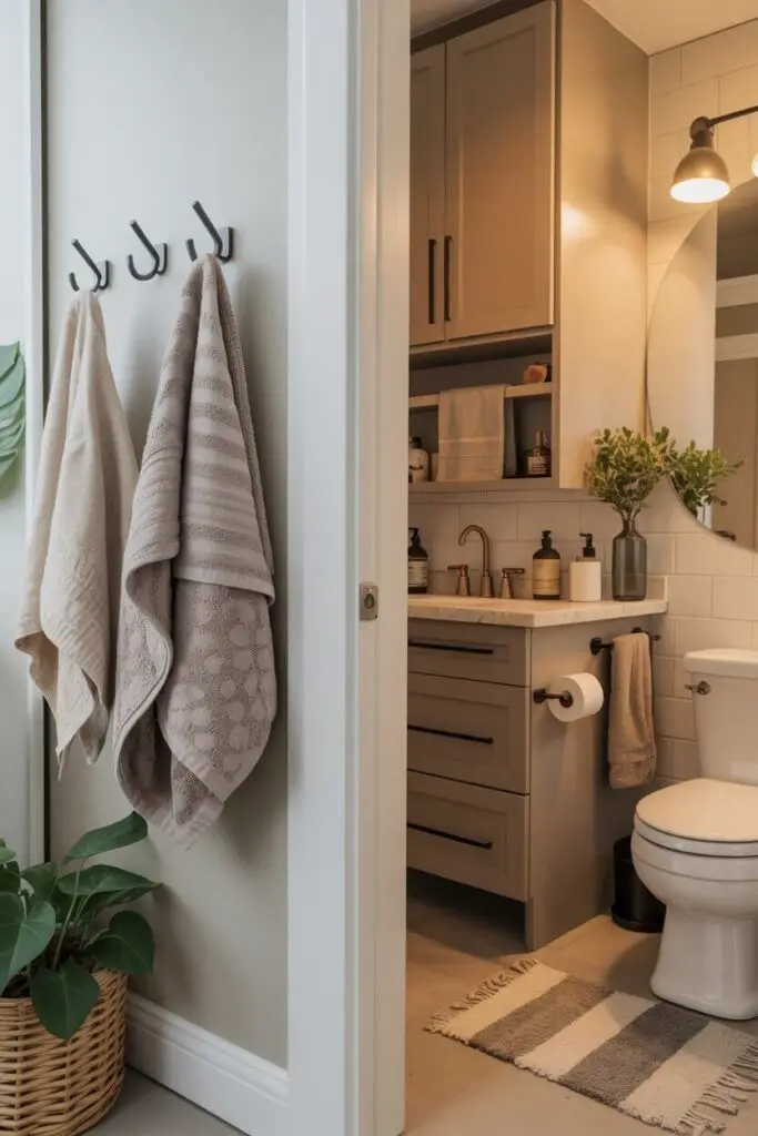 Year-Round Space-Saving Ideas for Small Bathrooms in Family Homes 6 Replace Towel Bars with Hooks for More Hanging Space