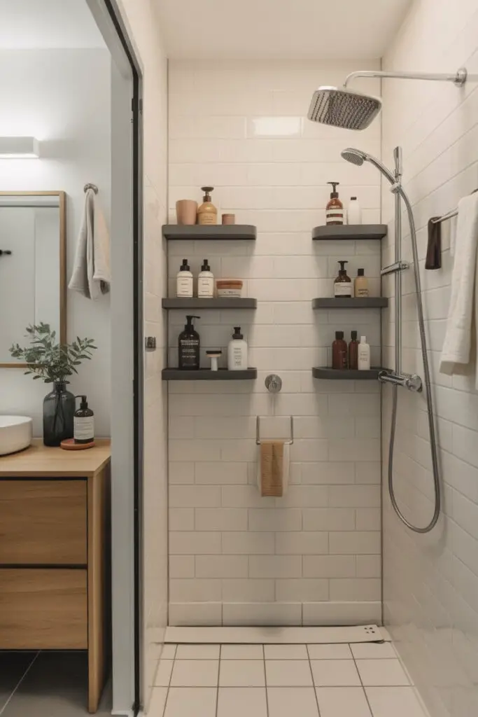 Year-Round Space-Saving Ideas for Small Bathrooms in Family Homes 9 Optimize Shower Storage to Declutter Surfaces