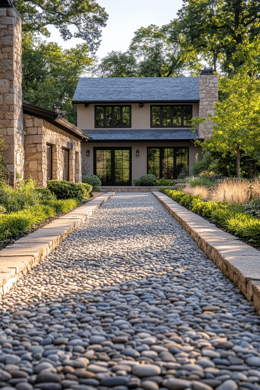driveway entry landscaping with stone border