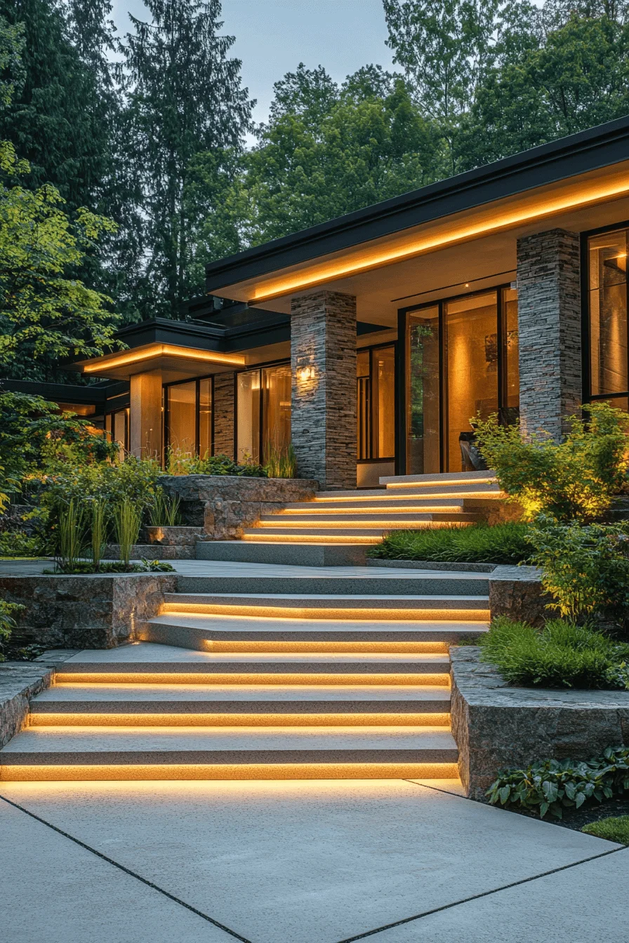 driveway entry landscaping with tiered steps