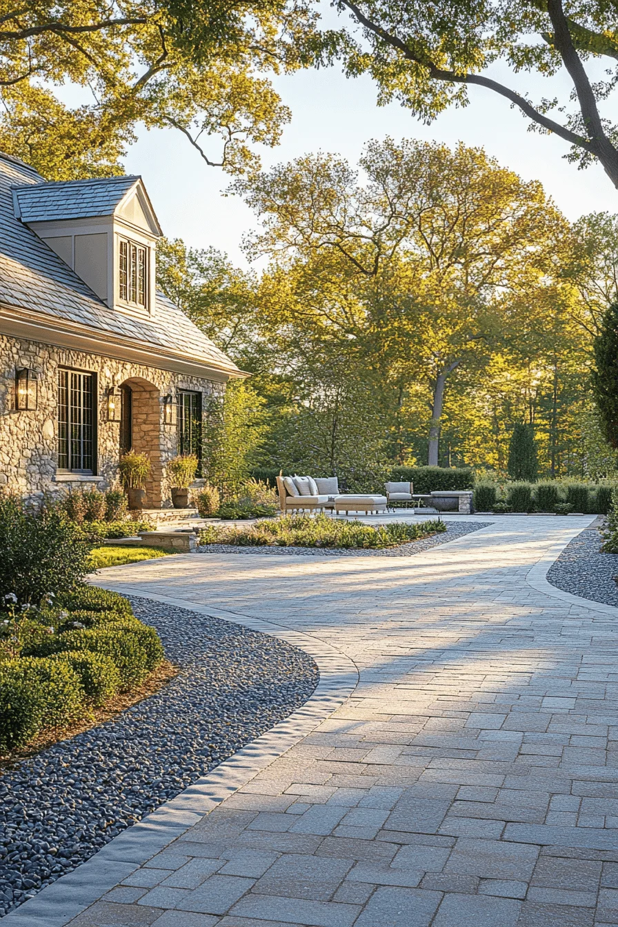 driveway entry landscaping with neutral layers
