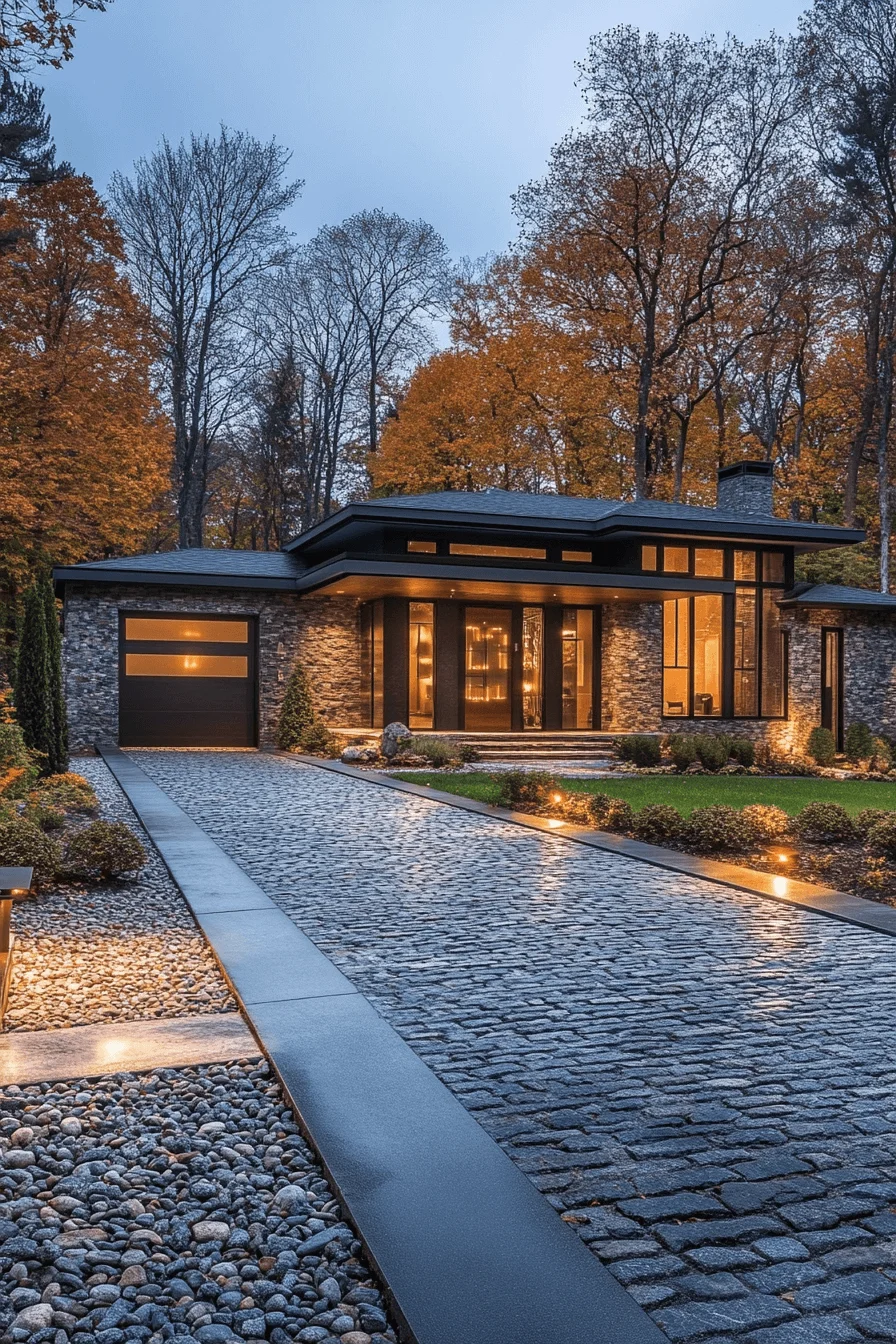 driveway entry landscaping with textured contrast