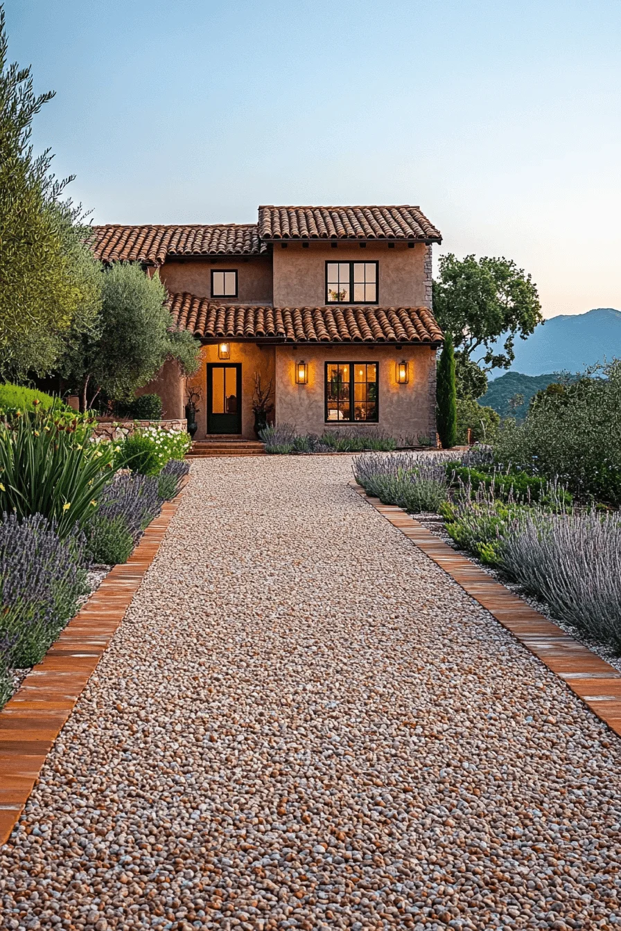 driveway entry landscaping with earthy palette