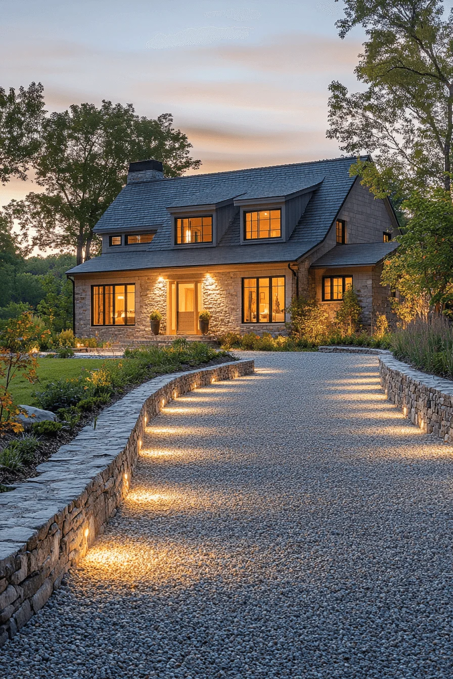 driveway entry landscaping with low wall