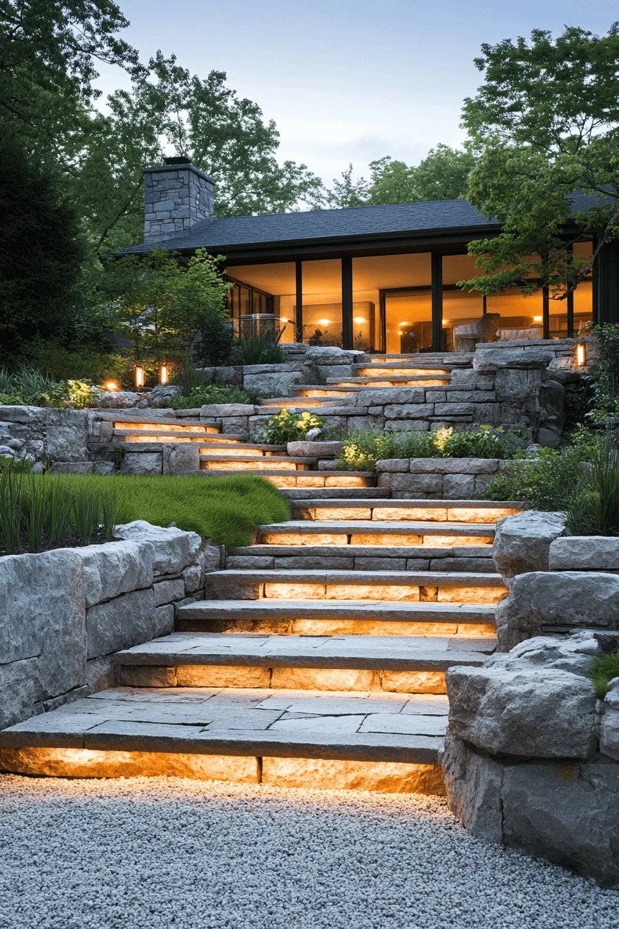 driveway entry landscaping with layered levels