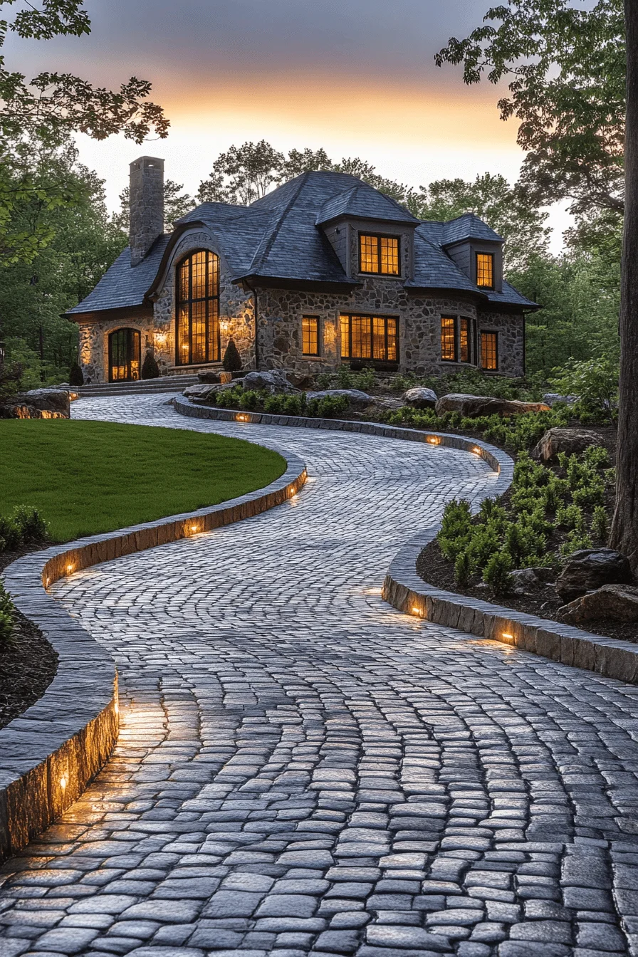 driveway entry landscaping with sloped approach