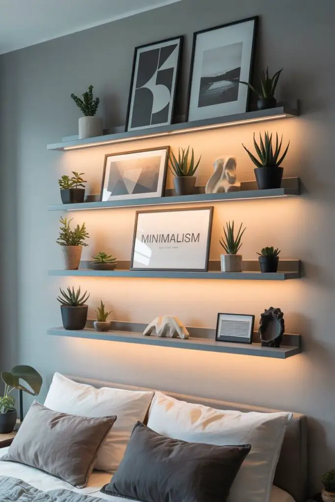 11 Modern Bedroom Back Wall Design Ideas to Transform Your Space 2 Floating Shelves with Art and Plants