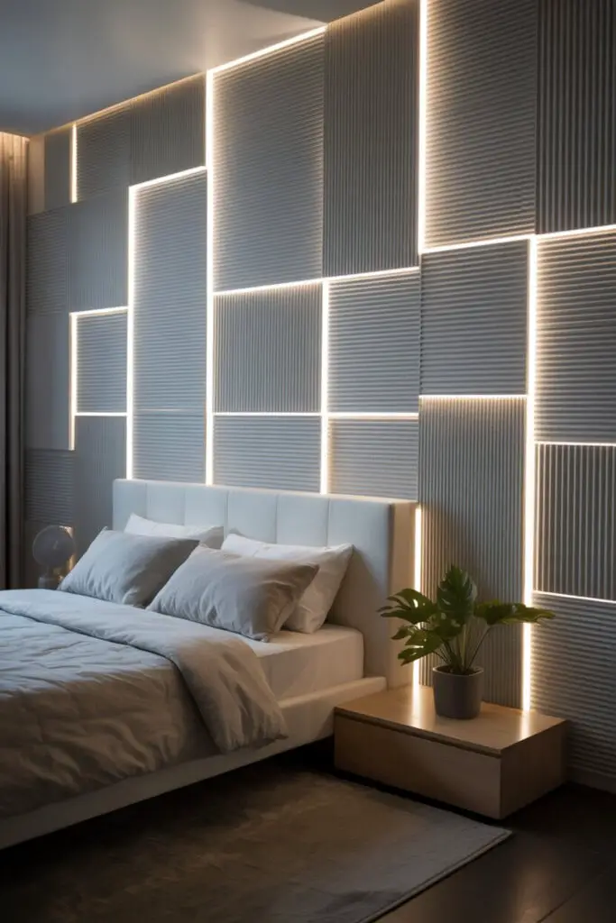 11 Modern Bedroom Back Wall Design Ideas to Transform Your Space 9 Textured Wall Panels Enhanced with LED Lighting