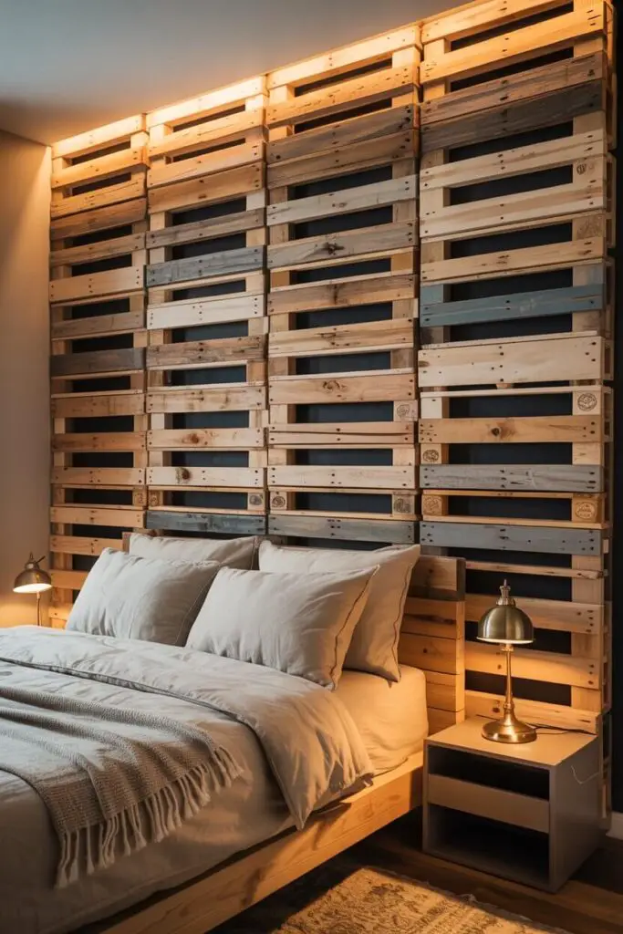 11 Modern Bedroom Back Wall Design Ideas to Transform Your Space 10 Eco-Friendly Pallet Wood Wall with Accent Lighting