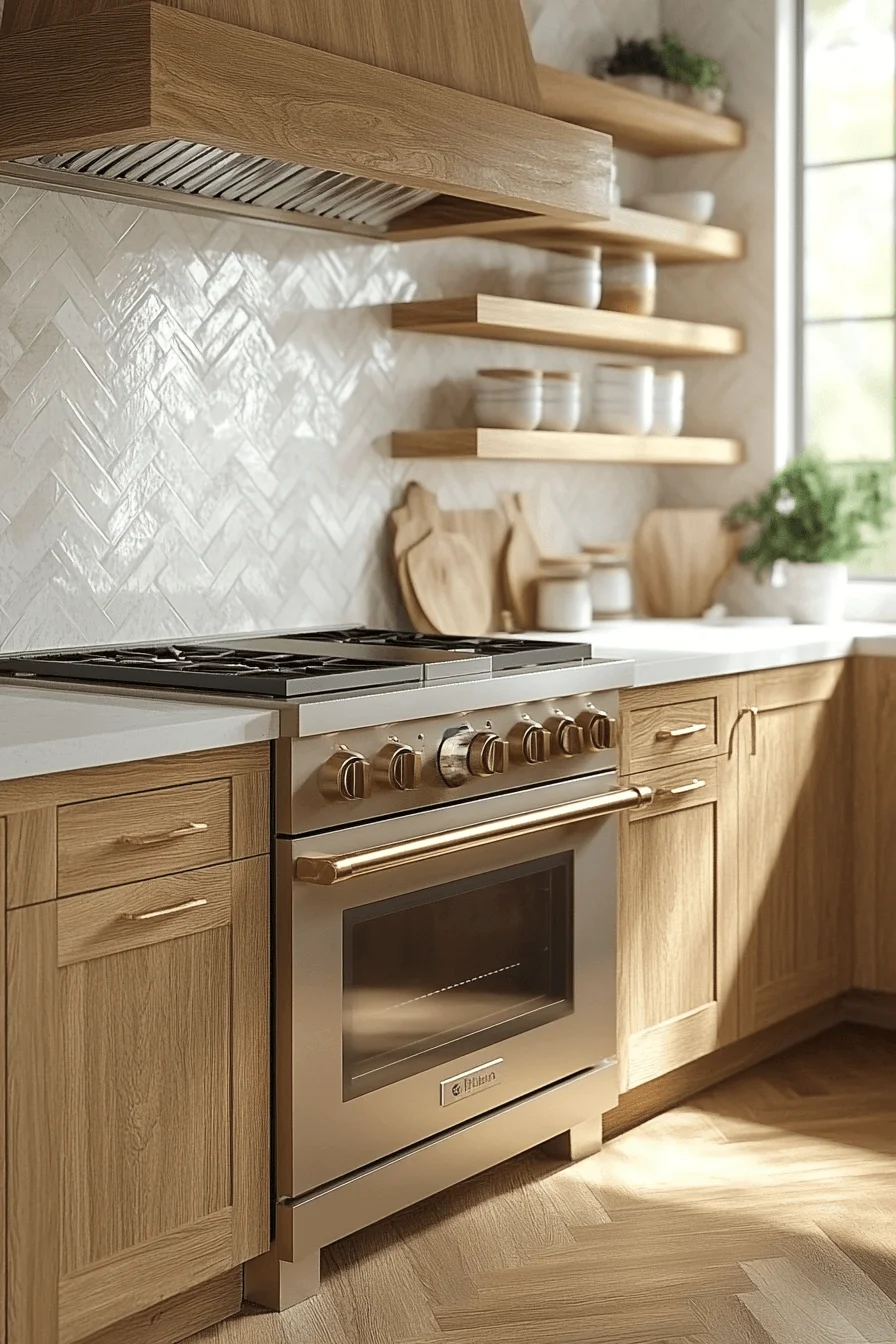 oak cabinets with white countertops