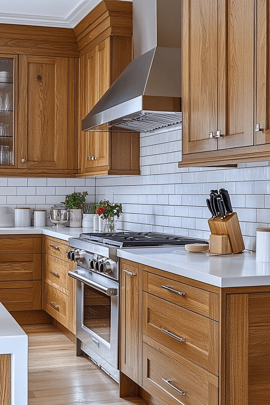 oak cabinets with white countertops