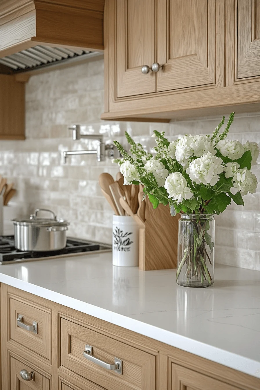 oak cabinets with white countertops
