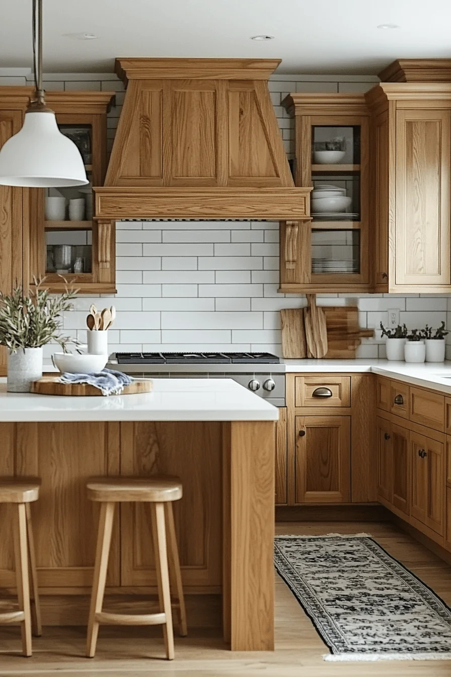 oak cabinets with white countertops