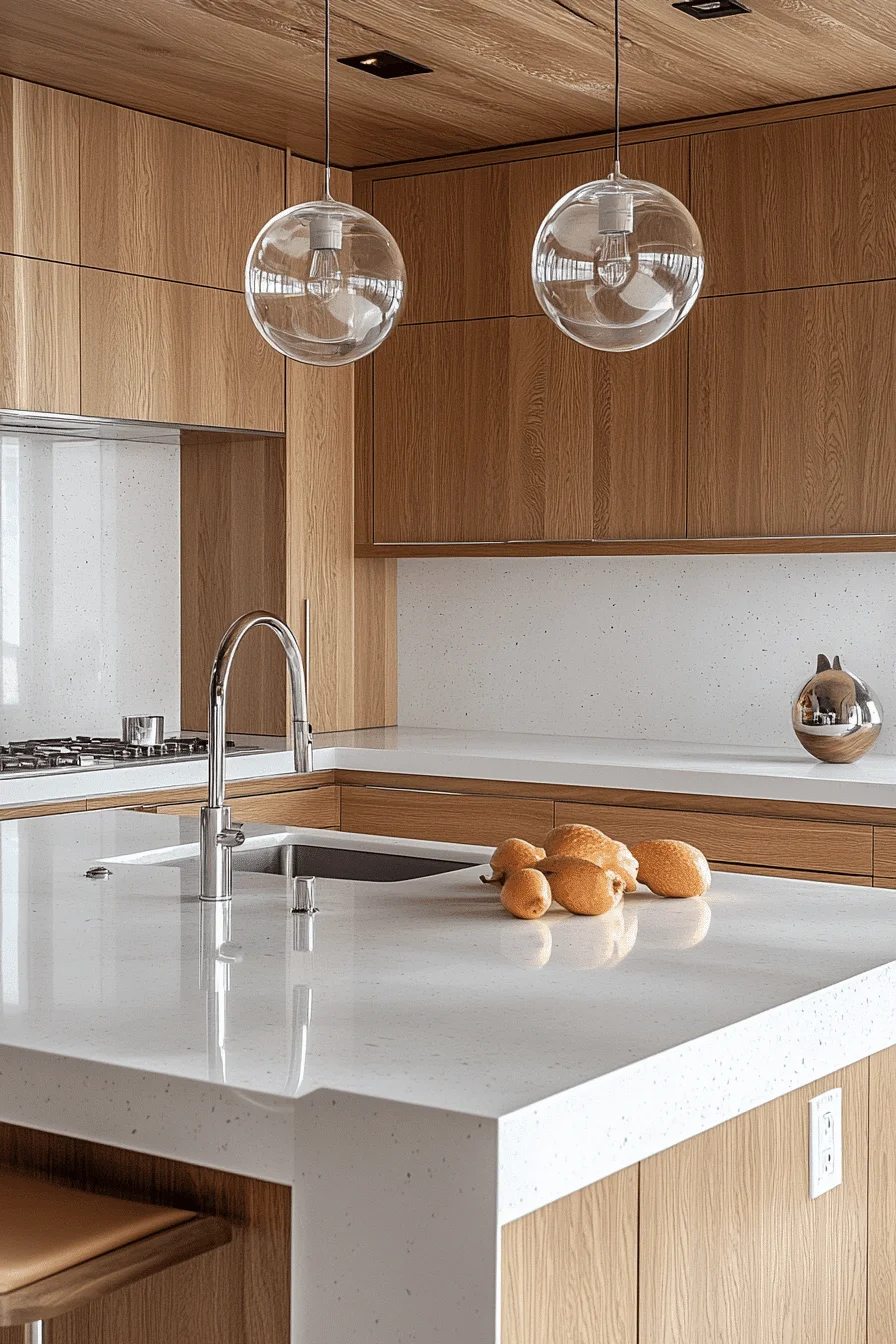 oak cabinets with white countertops