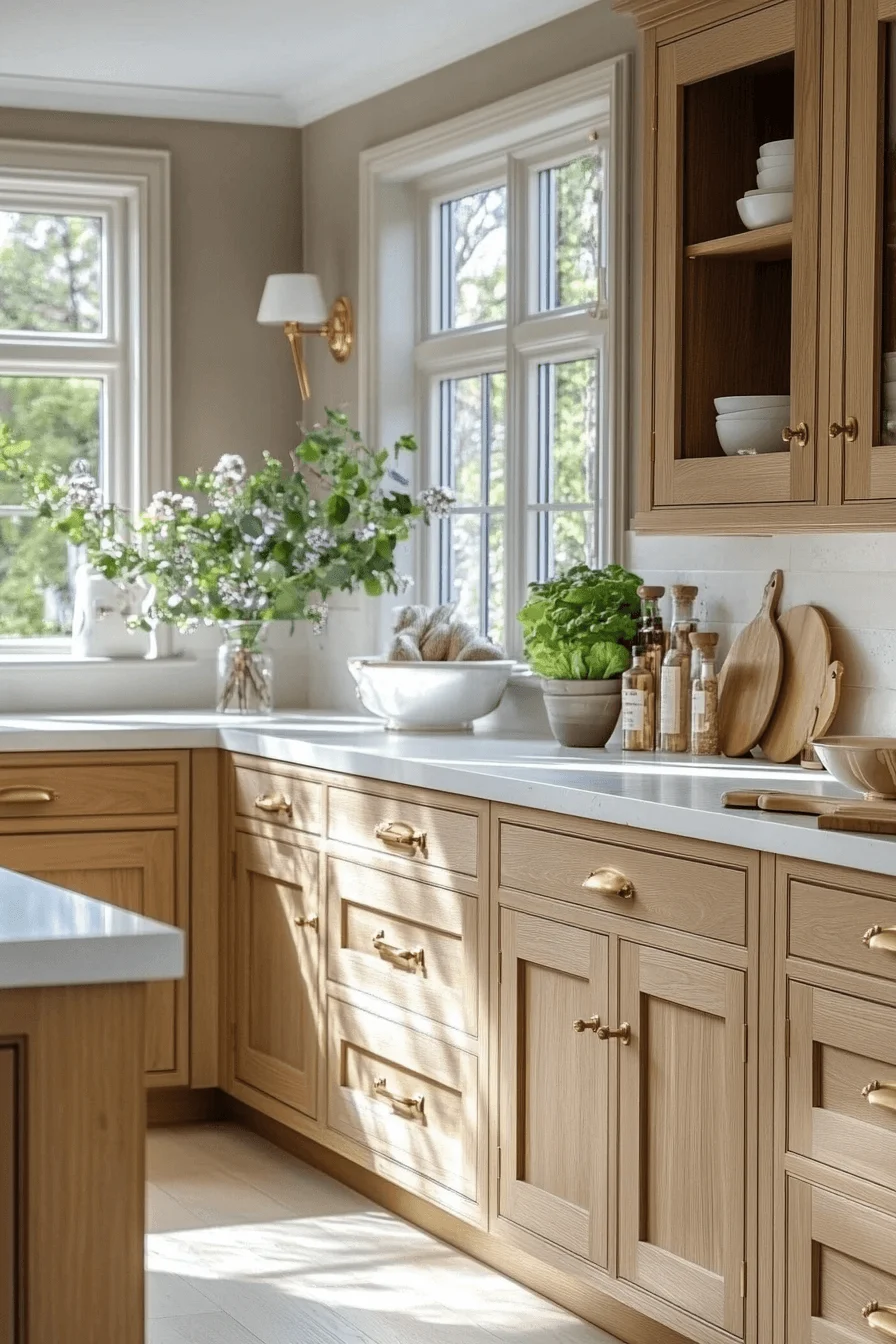 oak cabinets with white countertops