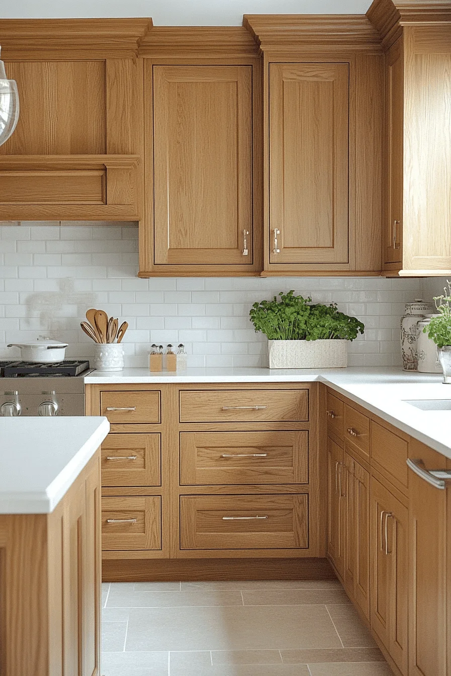 oak cabinets with white countertops