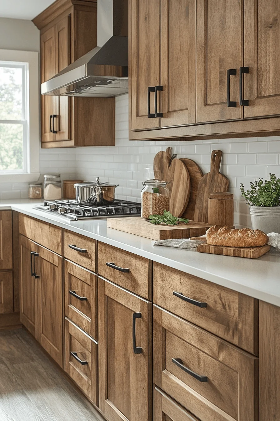 oak cabinets with white countertops