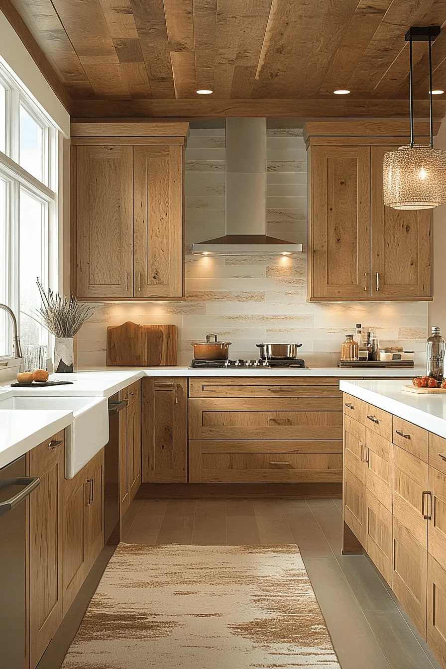 oak cabinets with white countertops