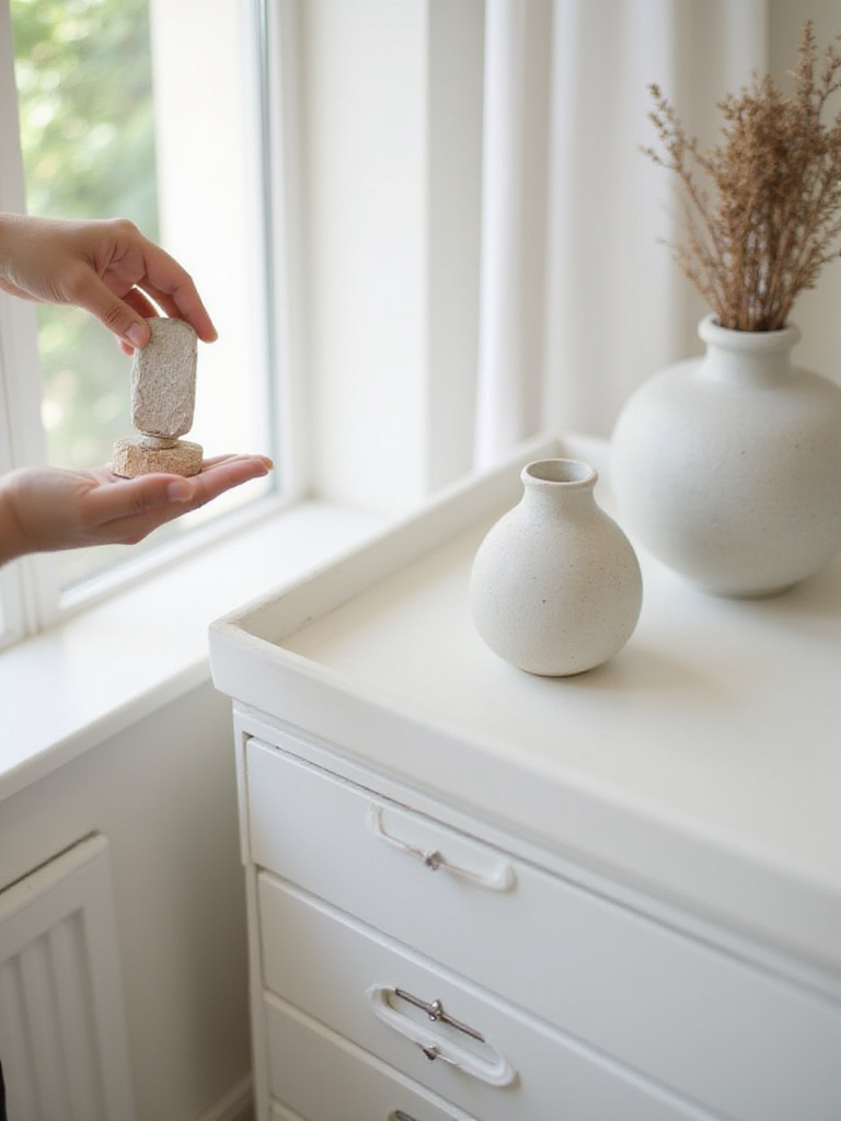 A serene minimalist bedroom dresser where a hand is removing an old trinket to make space for a new, elegant art piece, illustrating the 'one-in, one-out' decluttering rule for maintaining an uncluttered space.