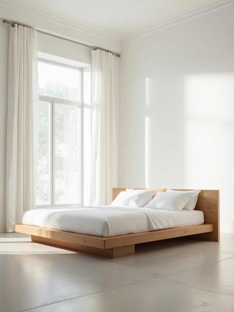 Portrait of a modern minimalist bedroom with a low-profile, solid light oak wood bed frame. The room is light, airy, and uncluttered, emphasizing the elegant design of the bed.