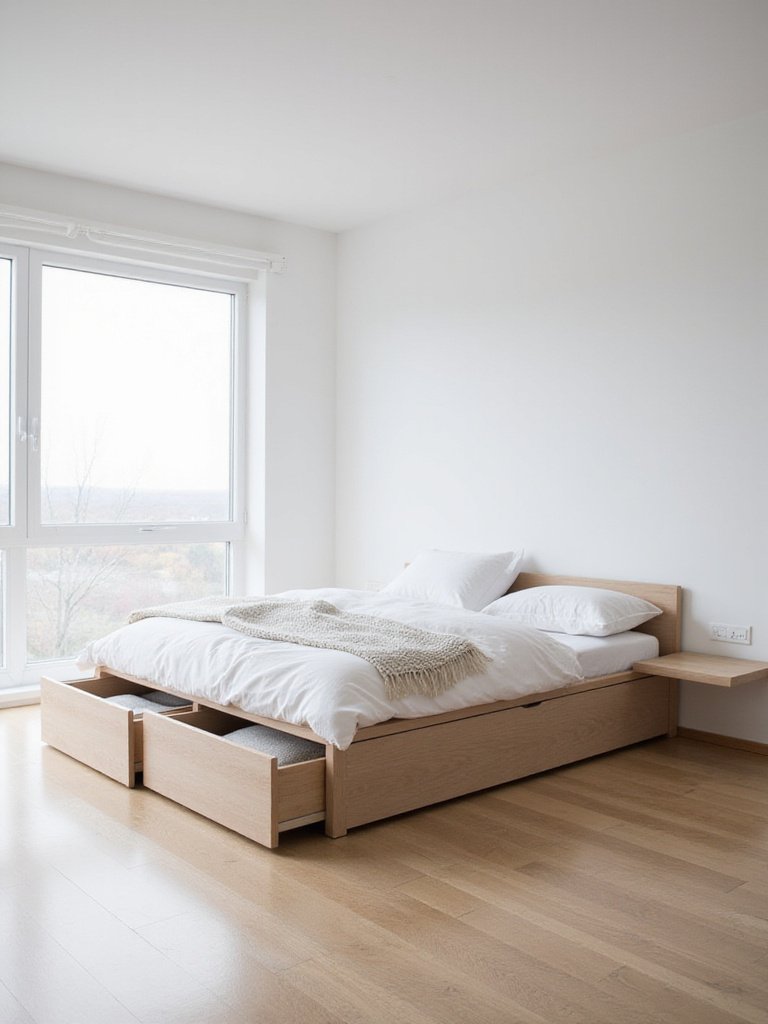 A serene minimalist bedroom featuring a sleek platform bed with integrated storage drawers, demonstrating effective use of multifunctional furniture to maximize utility and reduce clutter.