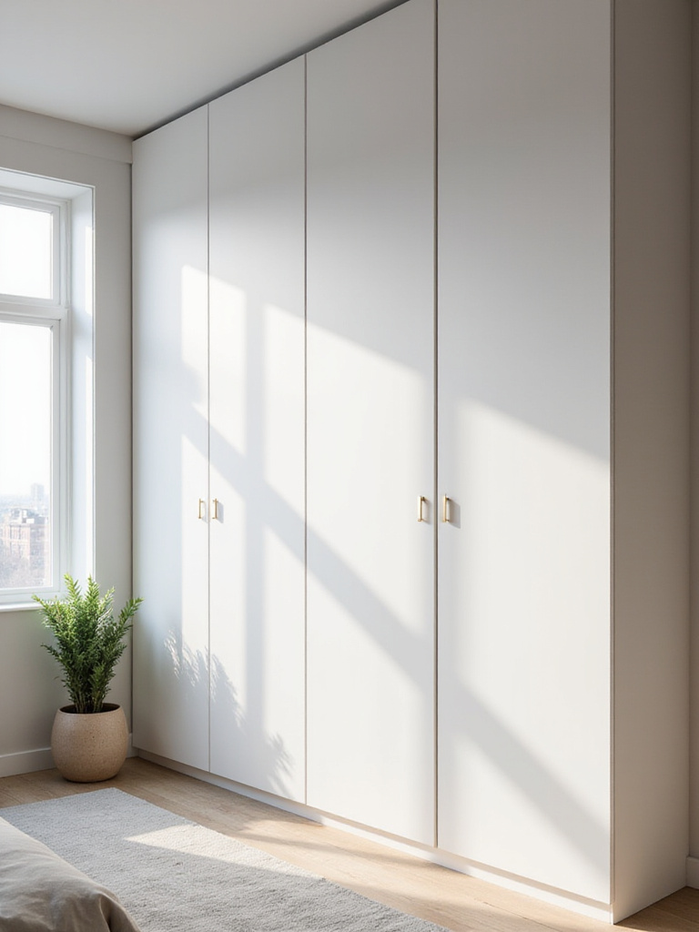 A minimalist bedroom featuring a sleek, handle-less, matte white built-in wardrobe with closed storage, blending seamlessly into the wall to conceal clutter.