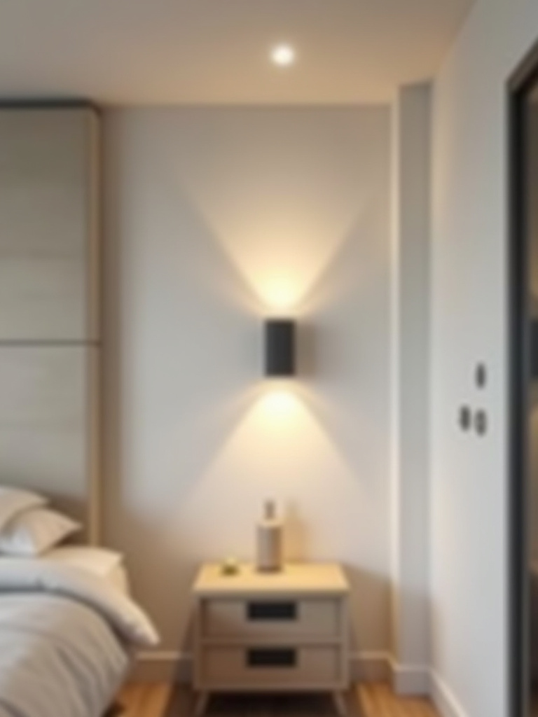 Minimalist bedroom with a matte black wall sconce casting warm light above a simple wooden nightstand, showcasing minimalist lighting fixtures for a serene ambiance.