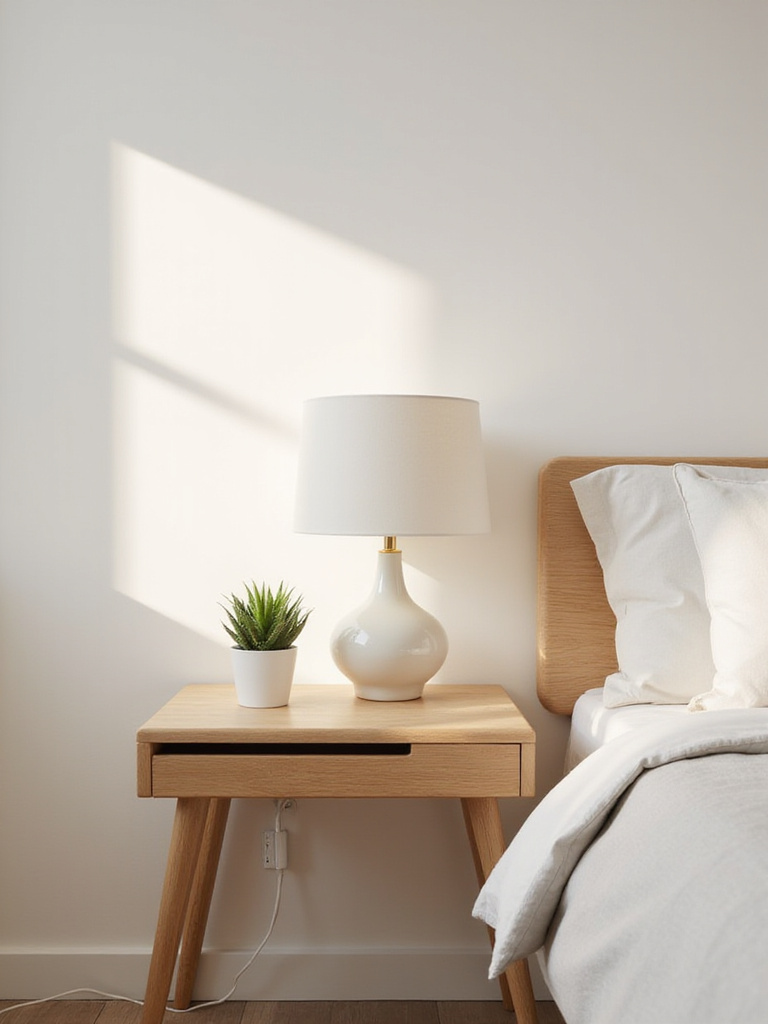 Minimalist bedroom nightstand with an elegant lamp and succulent, demonstrating invisible cord management with no visible wires. The scene emphasizes a clean, serene, and clutter-free aesthetic.