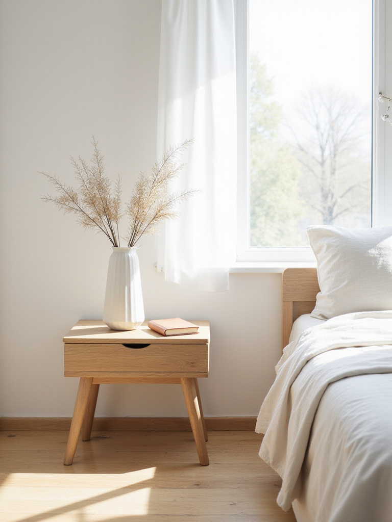 A serene minimalist bedroom with a single slightly open drawer revealing a messy, cluttered interior, symbolizing 'fake minimalism' and hidden disorder.