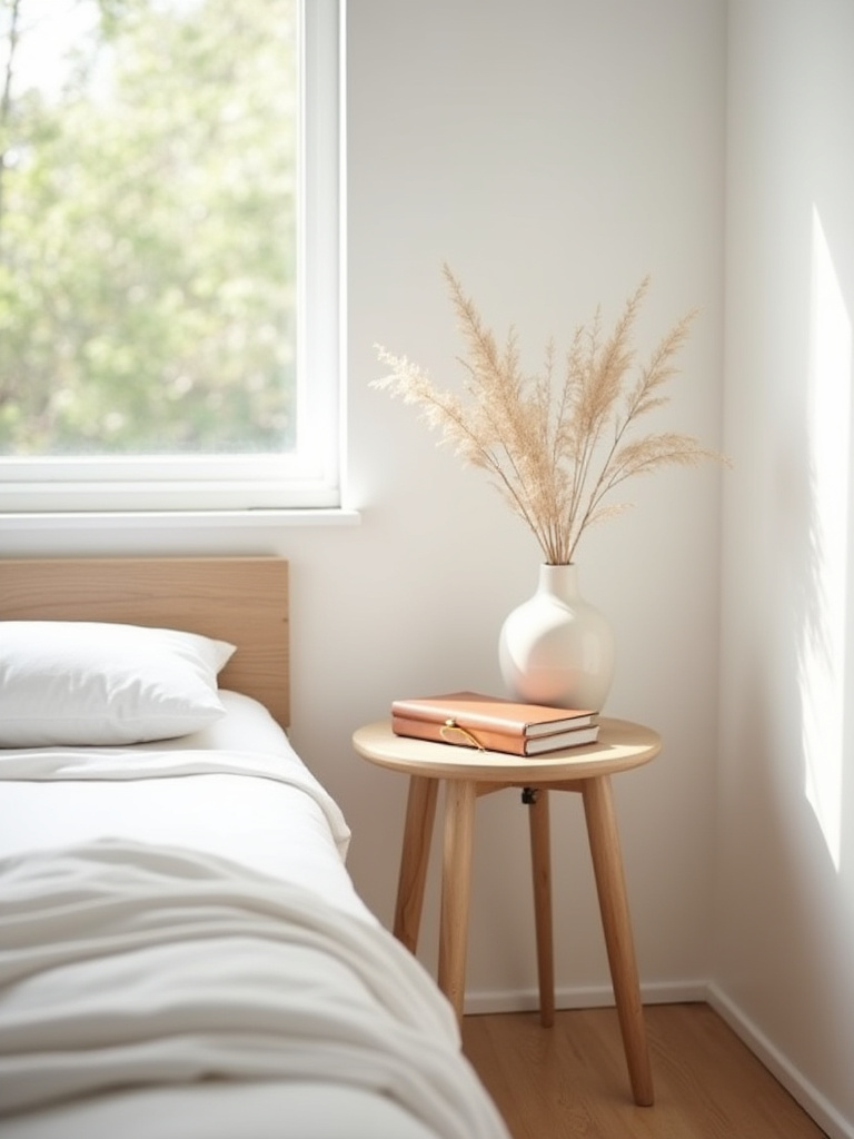 A serene minimalist bedroom with soft morning light, showing a simple bedside table with a closed journal and dried botanicals, symbolizing continuous re-evaluation and thoughtful maintenance of a clutter-free aesthetic. The focus is on intentional living within a calm, sustainable minimalist space.