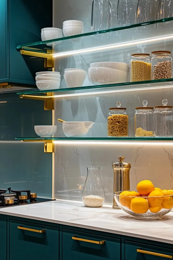 Glass kitchen shelves