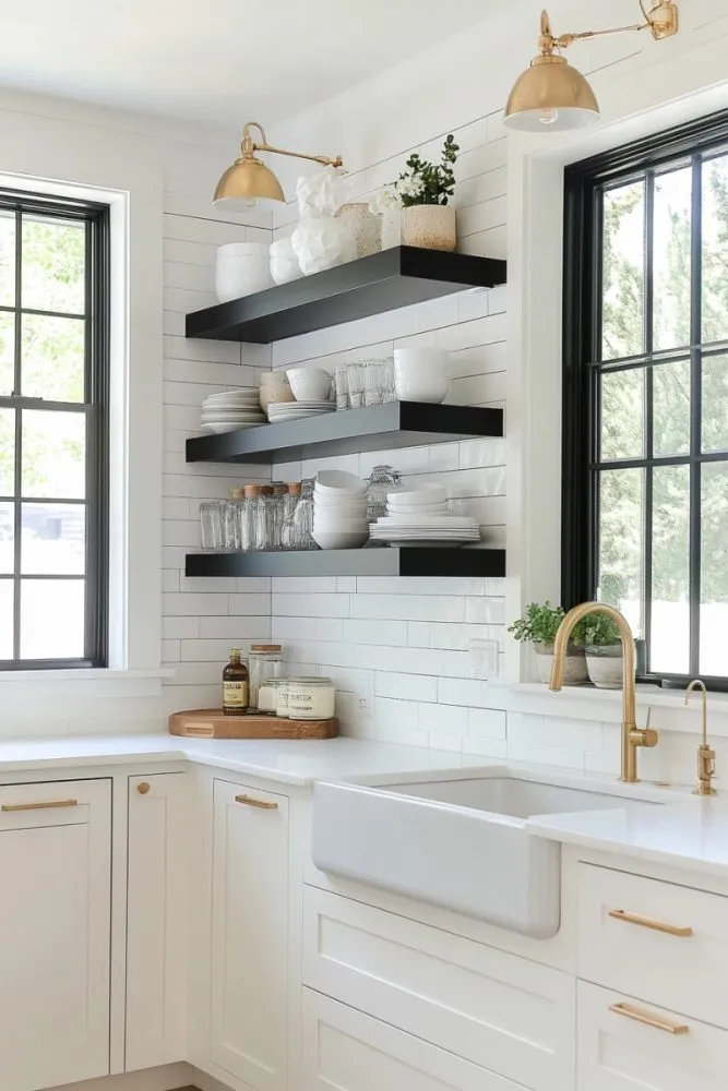 Dark shelves on light wall