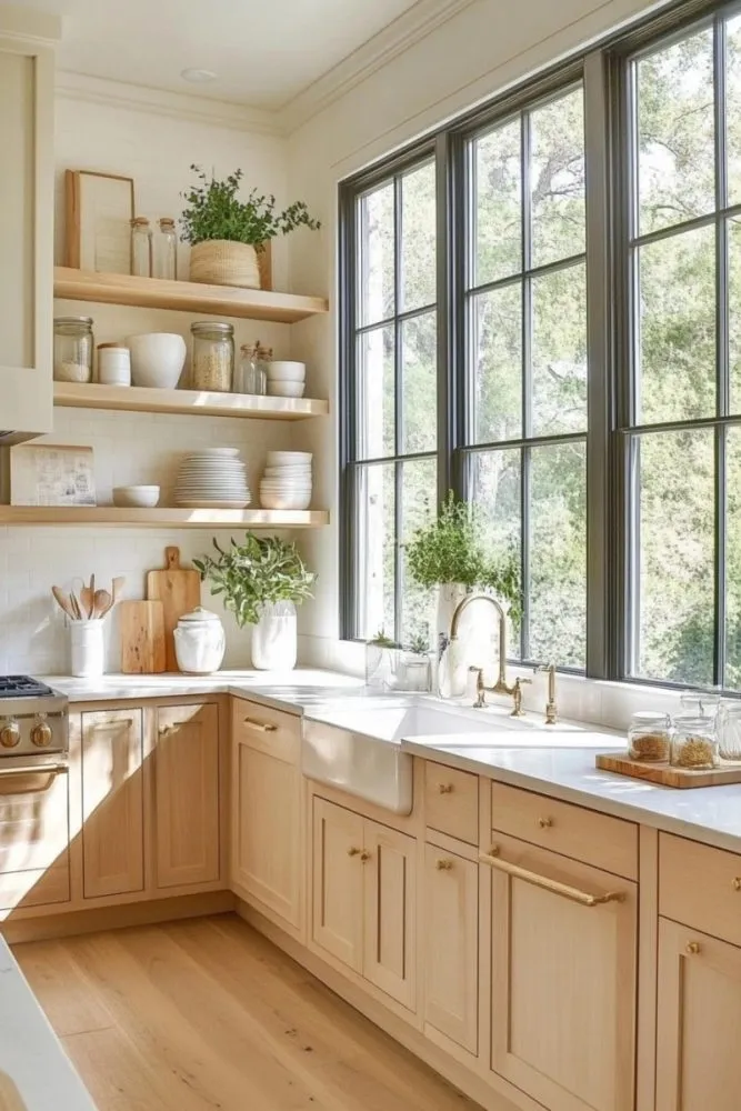 Open shelves framing window