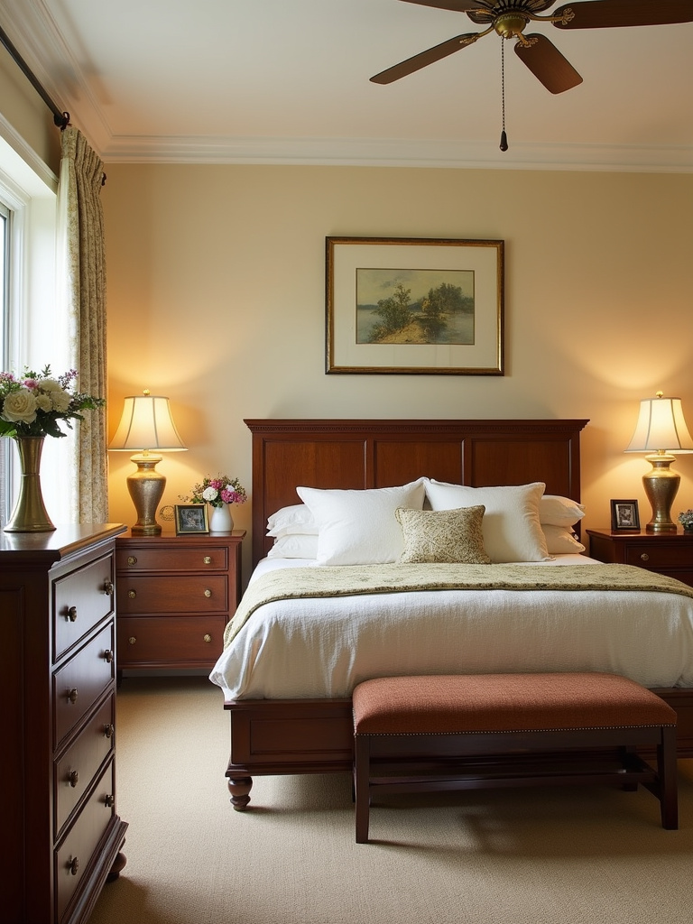 Traditional bedroom showcasing appropriately scaled furniture, including a queen bed, nightstands, and dresser, creating a balanced and harmonious layout.