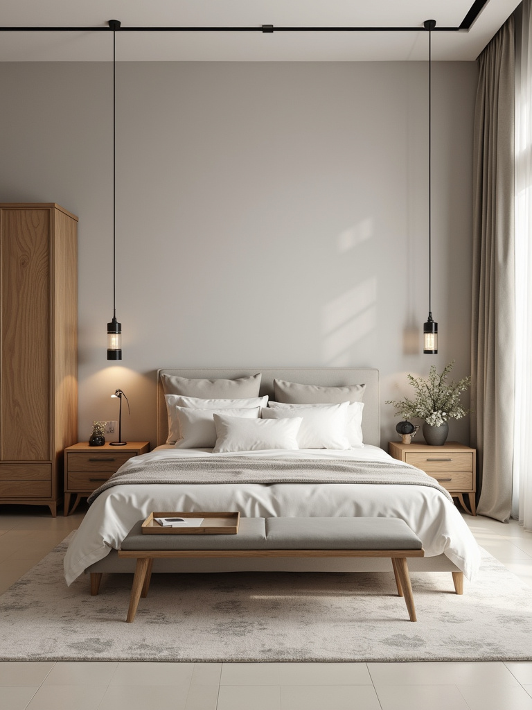 Contemporary bedroom with furniture arranged to ensure clear traffic flow, highlighting spacious pathways and ease of movement.