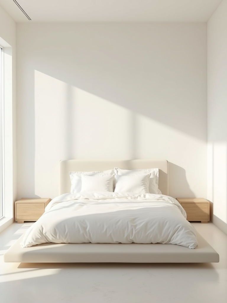 Minimalist bedroom exuding serenity and calm, featuring simple furniture, neutral colors, and ample negative space for a peaceful atmosphere.
