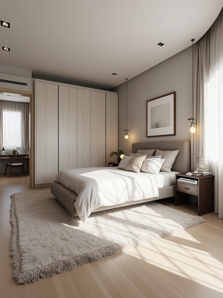 Modern minimalist bedroom zoned into sleeping and work areas, defined by rugs and a screen divider, creating functional zones within the space.