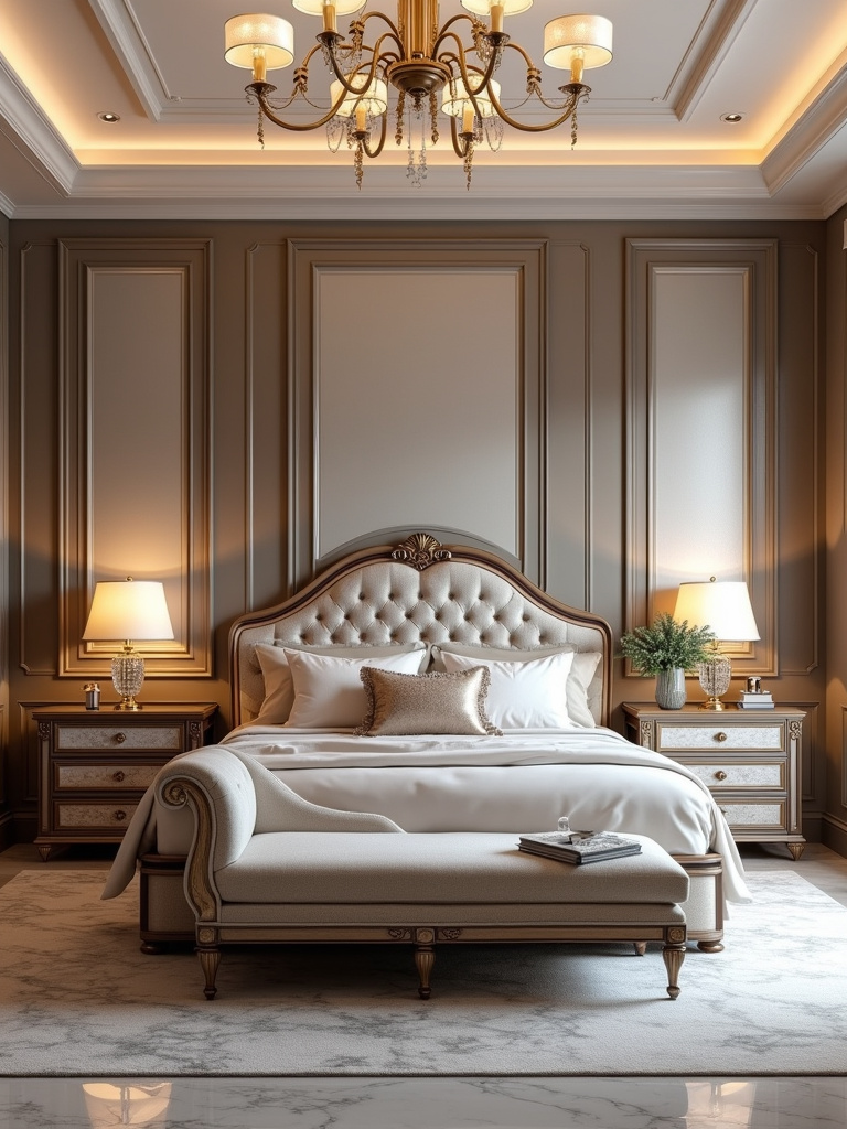 Glamorous luxury bedroom featuring a king-sized bed, chaise lounge, and high-end materials, exuding opulence and comfort.