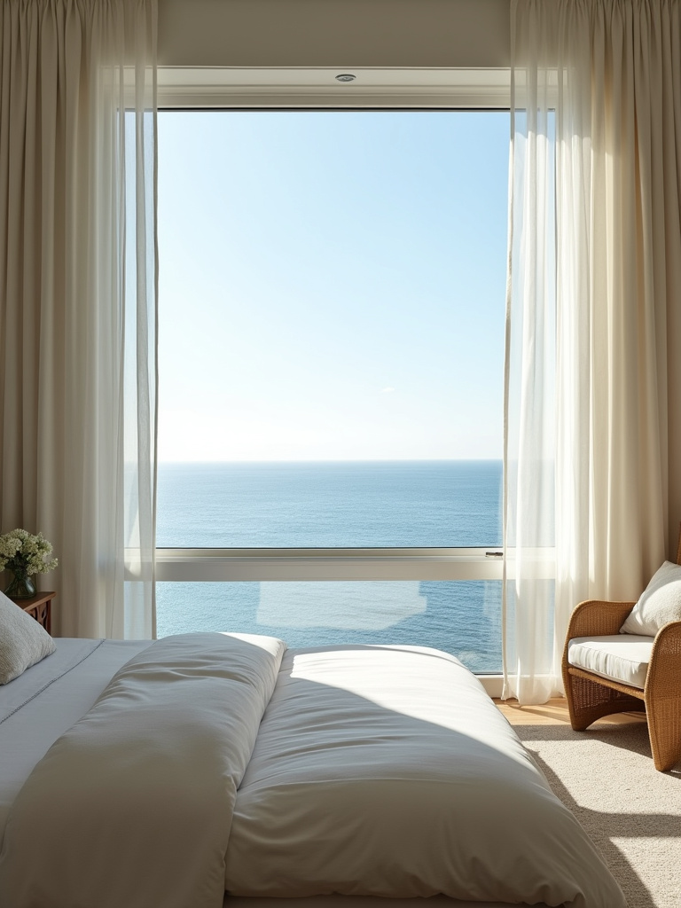 Coastal bedroom featuring a large window with an ocean view, with the bed positioned to maximize the scenic vista and natural light.