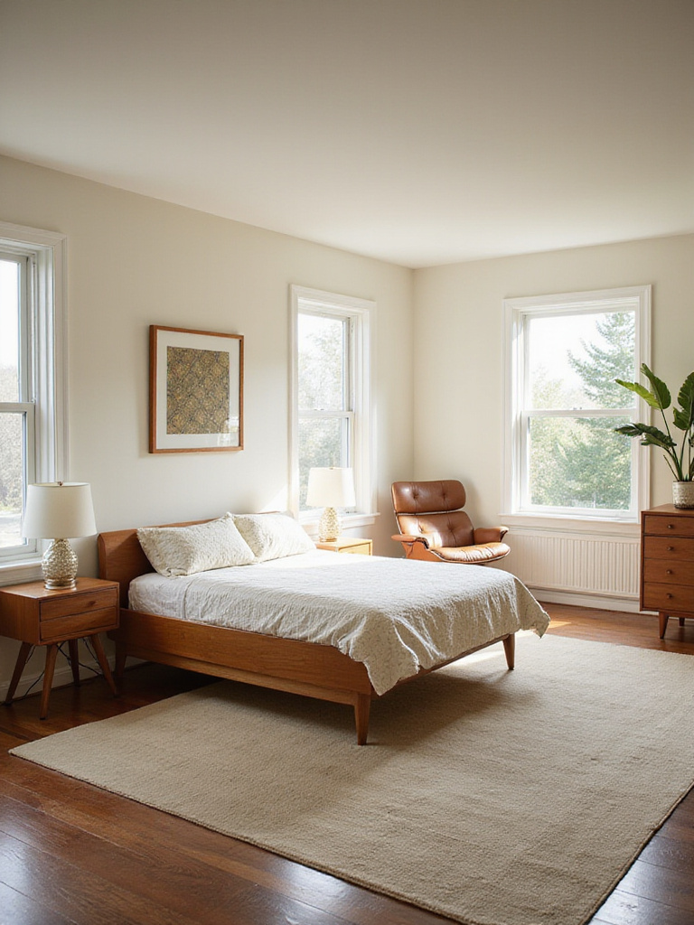 Mid-Century Modern bedroom with platform bed, warm lighting, and minimalist decor