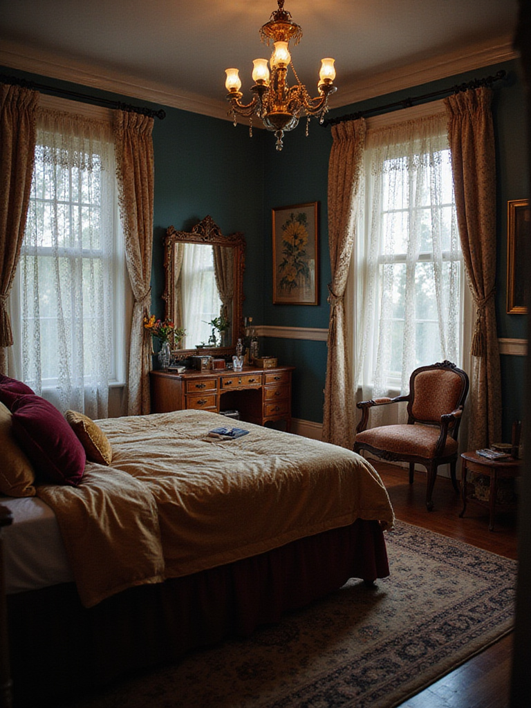 Victorian era bedroom with four-poster bed, lace curtains, and ornate decor