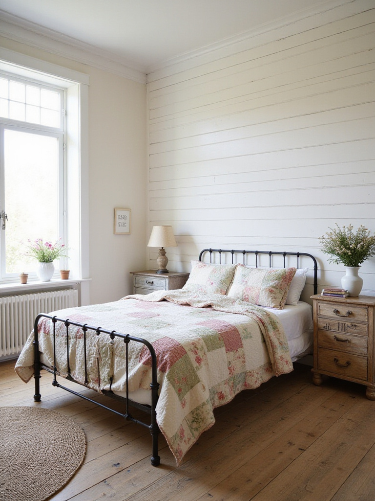Farmhouse vintage bedroom with shiplap walls, iron bed, and vintage linens.