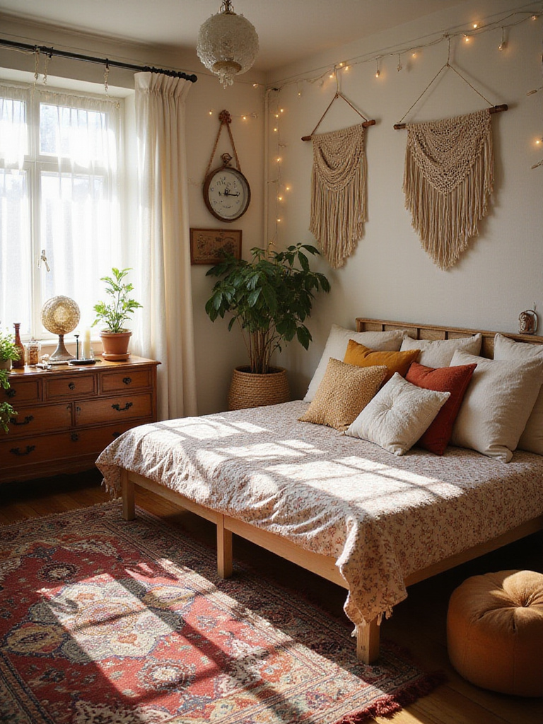 Bohemian Vintage Bedroom with layered textiles, vintage furniture, and natural light.