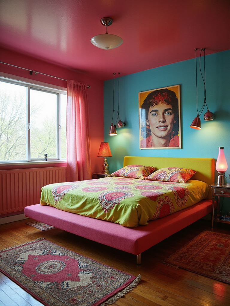 Psychedelic 1960s Mod bedroom with swirling patterns and vibrant colors