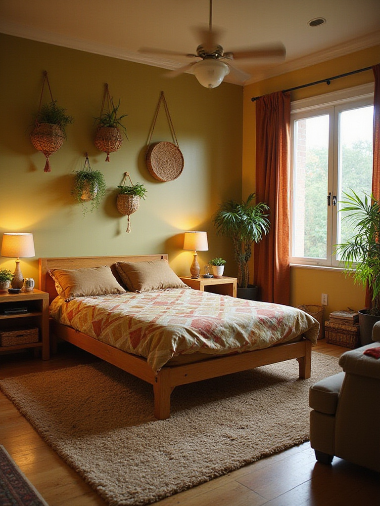 1970s bedroom interior design featuring earth tones, shag rug, platform bed, and macrame plant hangers.